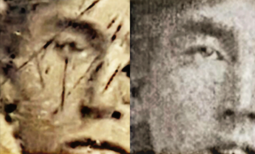 Side by side comparisons of the right side of the faces of Billy the Kid and the young man alleged to be Billy the Kid in th
