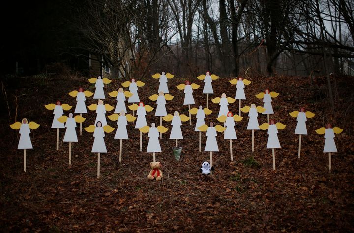 A memorial for the Sandy Hook victims, shown days after the December 2012 shooting.
