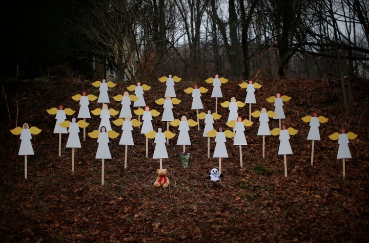 Twenty-seven angel figures were placed beside a road near the Sandy Hook Elementary School in Newtown, Connecticut on Dec. 16, 2012. Two days earlier, a gunman who had killed his mother then massacred 26 people -- including 20 children -- at the school.