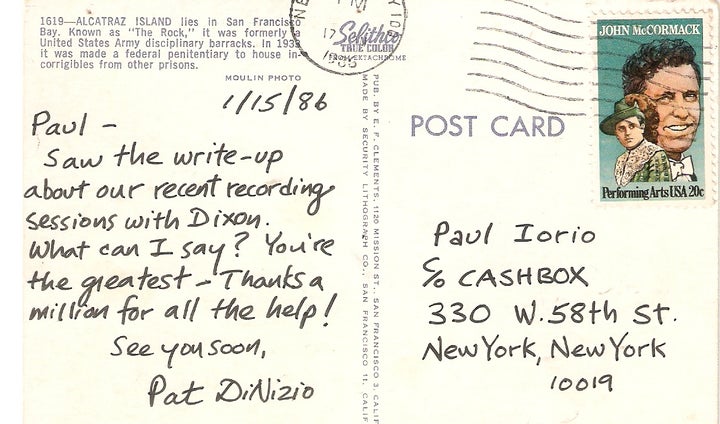 <p>A postcard Pat DiNizio wrote thanking me for my coverage of the sessions for The Smithereens' "Especially for You" album. </p>