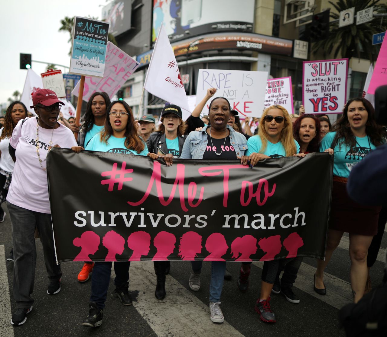 People participate in a march for survivors of sexual assault in Los Angeles, California, on Nov. 12, 2017.