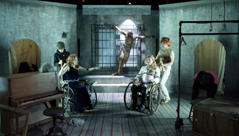 (from left to right) Jessica Weinstein, Maude Mitchell, Greg Mehrten, and Eamonn Farrell in <em>Glass Guignol: The Brother an