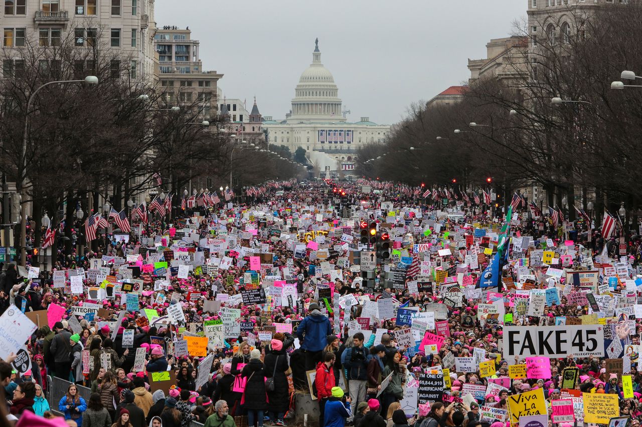 Protesters march in Washington, D.C., on Jan. 21, 2017, after Donald Trump's inauguration.