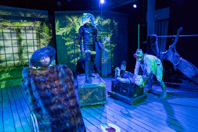 (l to r) Greg Mehrten, Jessica Weistein, Maude Mitchell, and Eamonn Farrell in a part of <em>Glass Guignol</em> that channels
