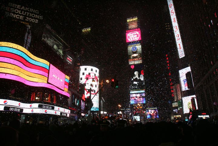 Revelers celebrate the new year in Times Square moments after the ball dropped on Jan. 1, 2009.