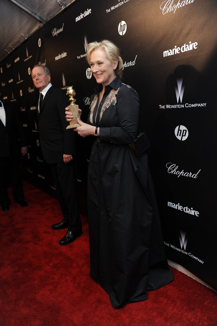 Actress Meryl Streep in black at a Golden Globes party in January 2012.