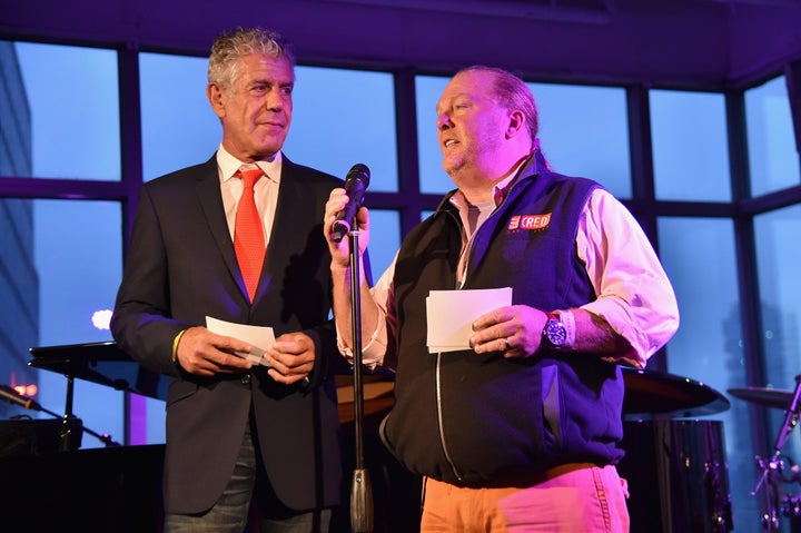 Anthony Bourdain and Mario Batali speak onstage at The Red Supper they cohosted on June 2, 2016. 