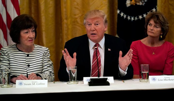 Republican Sens. Susan Collins of Maine (left) and Lisa Murkowski of Alaska (right) support abortion rights. But they keep voting for President Donald Trump's anti-choice judges.