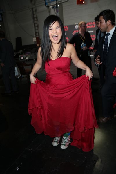 Kelly Marie Tran poses backstage for the world premiere of Star Wars: The Last Jedi. 