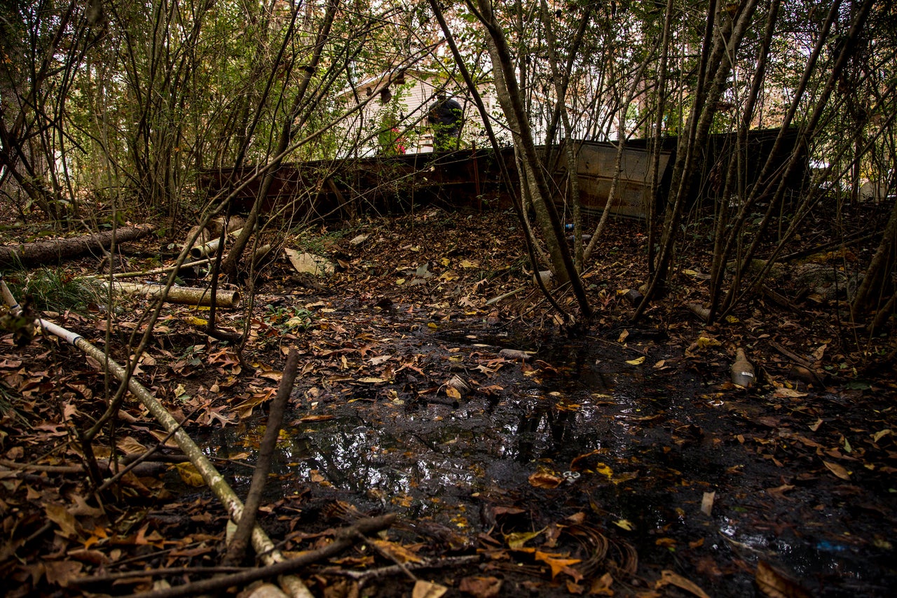 Two PVC pipes empty raw waste into a wooded area near a group of trailers. A slimmer pipe zigzags across the sewage and carries drinking water up to the homes.