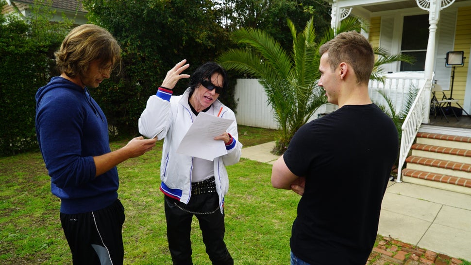 Greg Sestero, Tommy Wiseau and Justin MacGregor on the set of