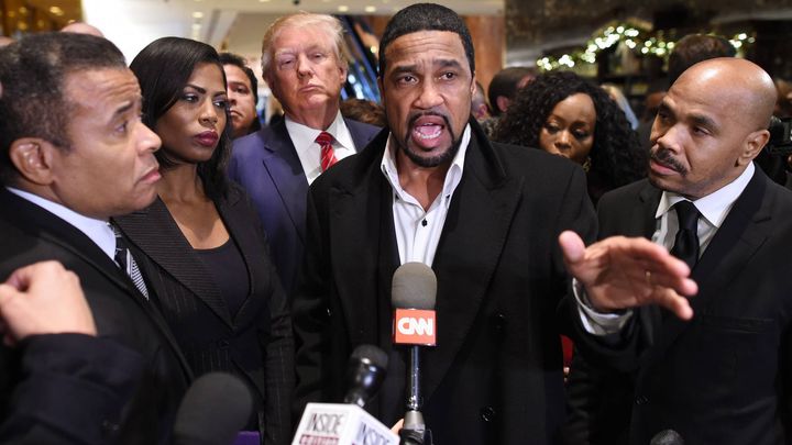 Donald Trump, Darrell Scott(C), along with Omarosa Manigault after meeting with African American pastors White House Black History Month Event. 