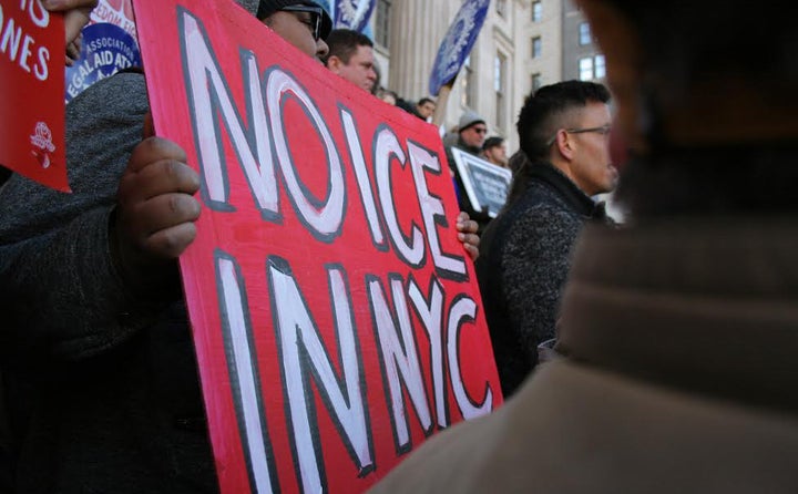 Demonstrators from the Immigrant Defense Project and other organizations at a “ICE Out of the Courts” rally.