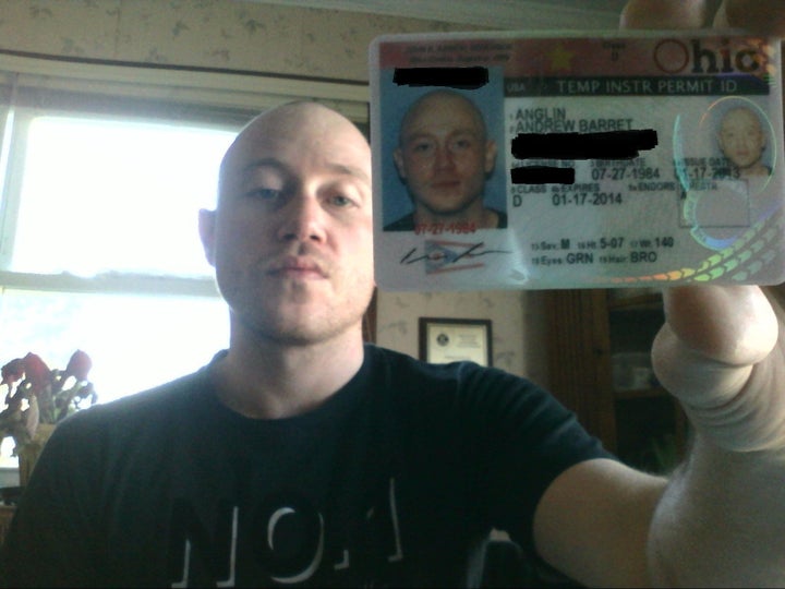 Andrew Anglin displays an Ohio state identification card from 2013.