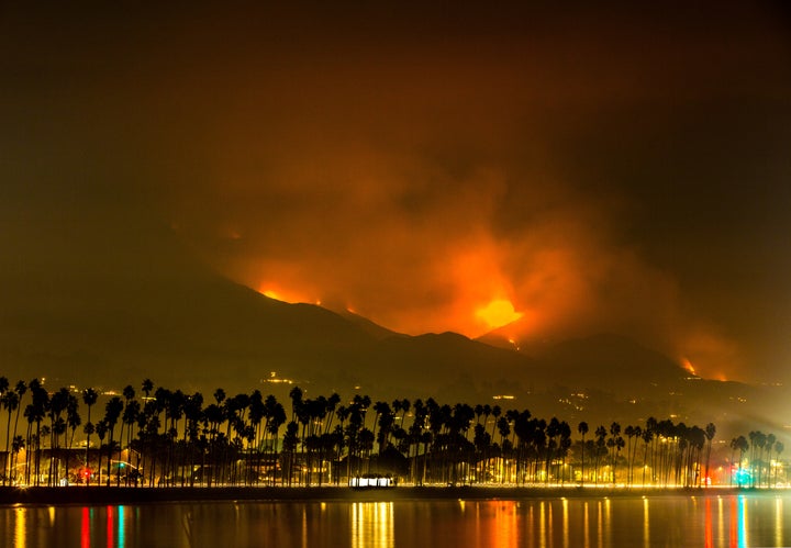 The Thomas fire was still burning in the hills south of Santa Barbara on Friday.