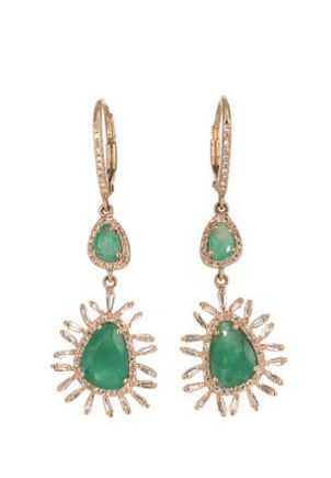 14KT Rose Gold Diamond Pave, Diamond Baguette and Emerald Slice Earrings