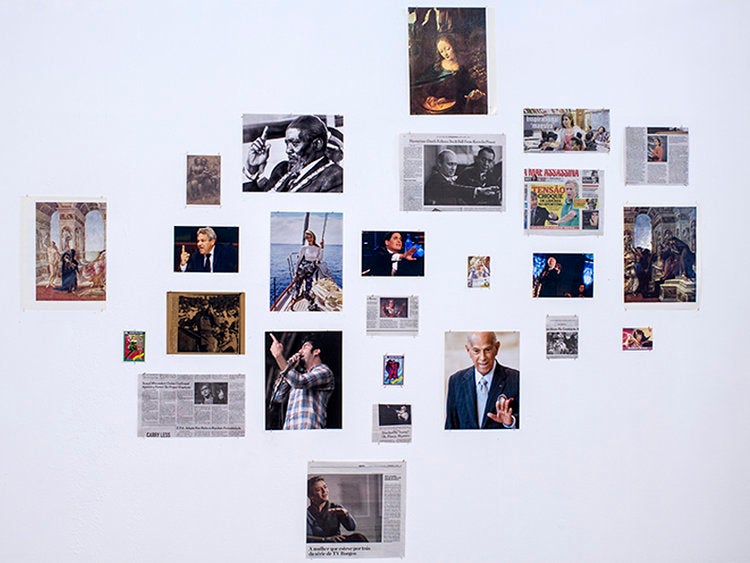 Naar, Onel. The (New) School of Athens Diptych (after Raphael) (2016) trading cards, monograph pages, newspaper clippings, in