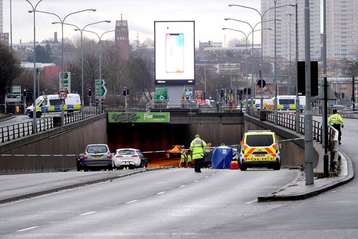 The scene of a multi-vehicle crash at the entrance to the underpass on Lee Bank Middleway, near Edgbaston, at the junction of Bristol Road, in Birmingham, which left six people dead and a seventh critically injured.
