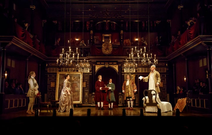 Sam Crane, Melody Grove, Lucas Hall, Huss Garbiya, Edward Peel and Mark Rylance in Farinelli and the King 