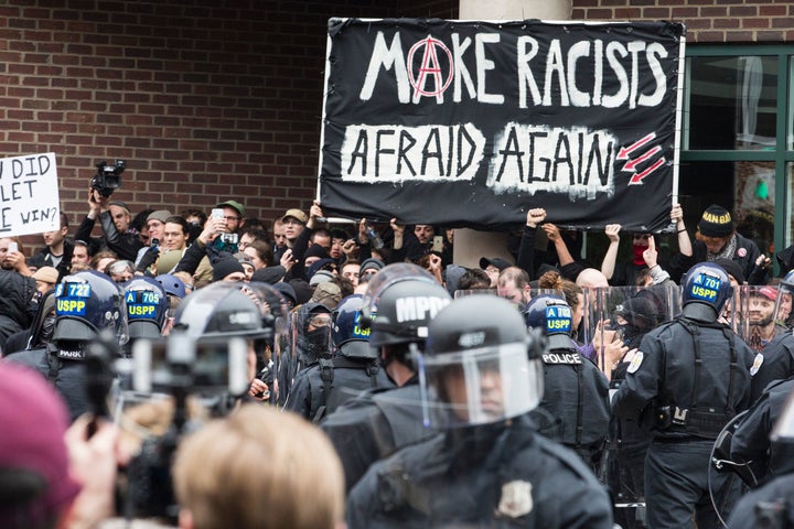 Detained demonstrators protest before the inauguration of Donald Trump on Jan. 20, 2017.