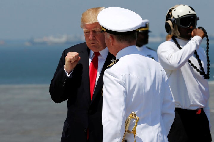 President Trump bids farewell to U.S. Navy Captain Richard McCormack after commissioning the aircraft USS Gerald R. Ford during a ceremony at the Naval Station Norfolk in Norfolk, Virginia.
