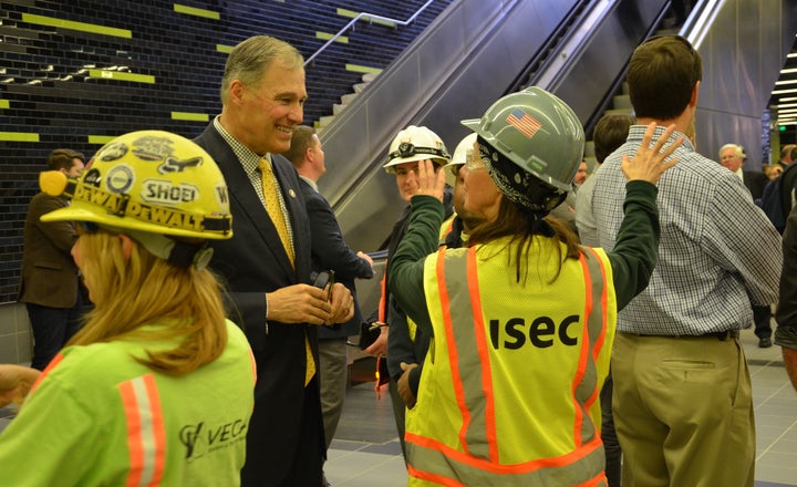 Gov. Inslee visiting a new Sound Transit light rail station at the University of Washington on April 17, 2015.