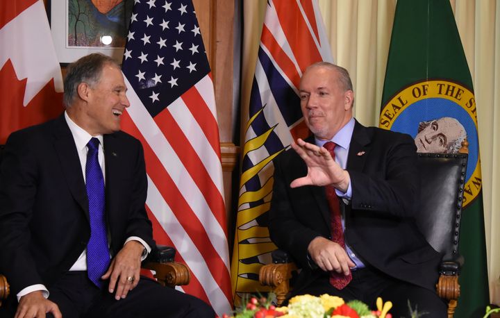 Gov. Jay Inslee meeting with British Columbia Premier John Horgan in Victoria, B.C., Nov. 21, 2017. They resolved to fight climate change, forge stronger regional transportation links, and create clean jobs. 