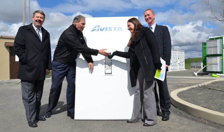 Flipping the switch on a battery created by a partnership between Avista Utilities, Pacific Northwest National Laboratory and UniEnergy Technologies, April 2, 2015.