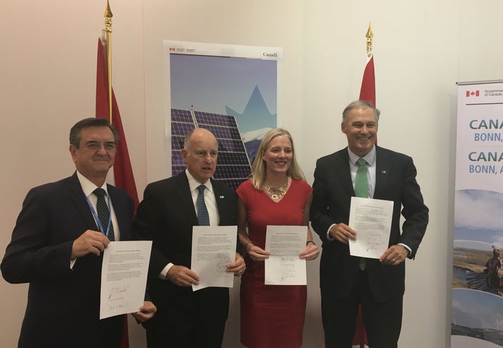 Gov. Jay Inslee (right) joins, from left, Mexico's Deputy of Environmental Policy Rodolfo Lacy, California Gov. Jerry Brown, and Canada's Minister of Environment and Climate Change Catherine McKenna to create the North American Climate Leadership Dialogue while at the United Nations Climate Change Conference's 23rd Conference of the Parties (COP23) in Bonn, Germany last November. The partnership is composed of U.S. Climate Alliance states, Mexico, and Canada, with the goals of fighting climate change and supporting clean-energy growth across North America. 