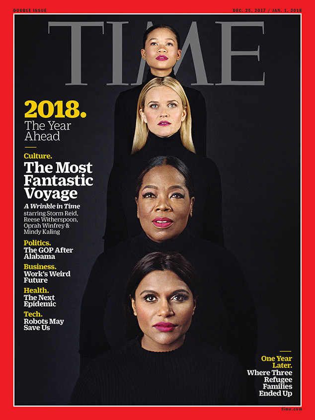 On the cover, the women are all dressed in identical black turtlenecks with their hair parted down the center, wearing a berry lip. 