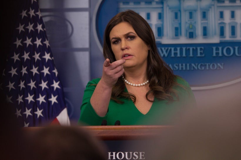 <strong>White House press secretary Sarah Huckabee Sanders takes questions from reporters at the White House, Friday, October