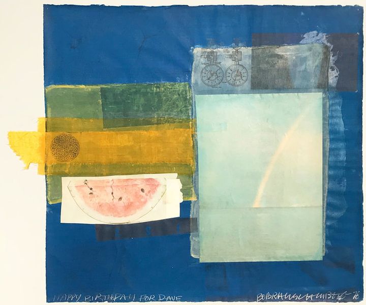 Robert Rauschenberg, Untitled (Happy Birthday For Dave) (1978), solvent transfer and fabric collage to paper, 20 1/2 x 23 1/3 inches (photo: courtesy of Eckert Fine Art) 