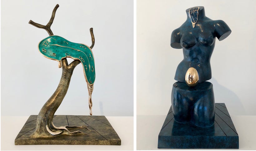 (left to right) Salvador Dalí, <em>Profile of Time</em> (1977-1984), bronze (edition number 156/350), 20 1/12 x 13