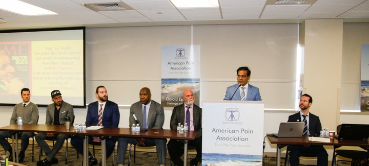 L-R: Riley Cote, Ali Quali Mirza, Todd Herremans, Marvin Washington, Jack Teitleman and Dr. Sanjay Gupta at the Turn The Tide Summit at Cooper Medical School of Rowan University on December 13, 2017.