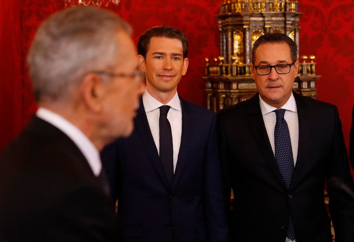 Sebastian Kurz, center, was sworn in Monday as Austria's chancellor. He will be joined by vice chancellor Heinz-Christian Strach, right, a member of the far-right Freedom Party.