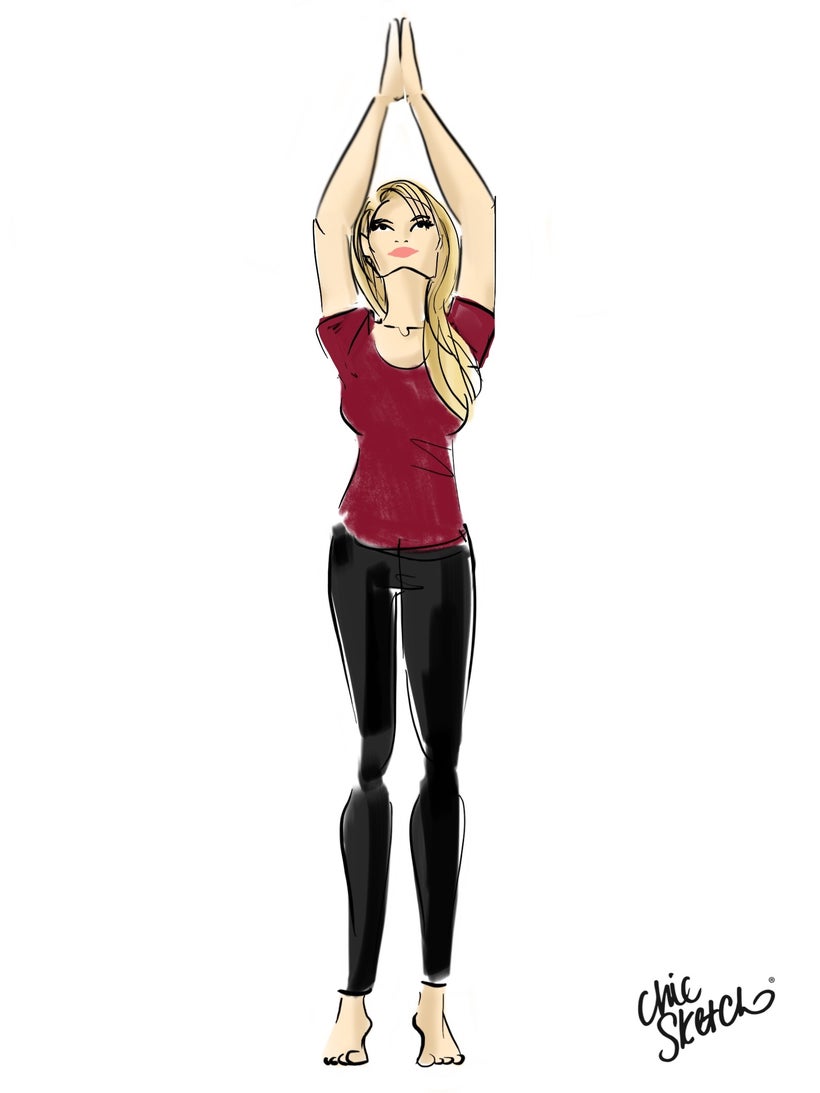 Reach your arms up and gaze at your hands.