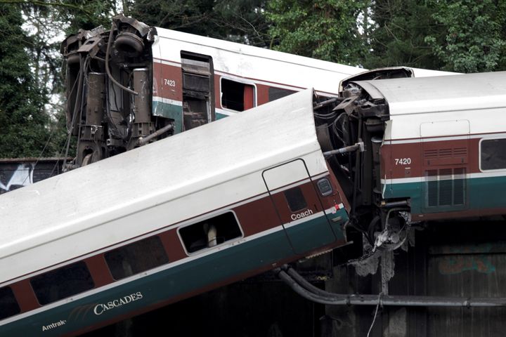 The scene where an Amtrak passenger train derailed on a bridge in Washington Monday.