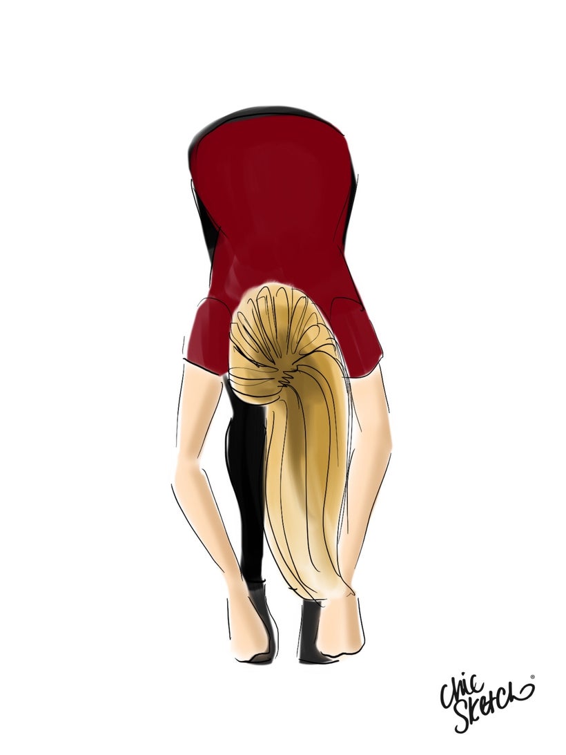 Fold forward, letting the head hang heavy.