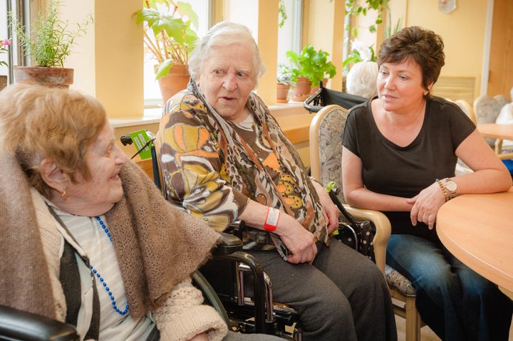 A chaplain visits with residents at Hebrew Senior Life, Roslindale, MA
