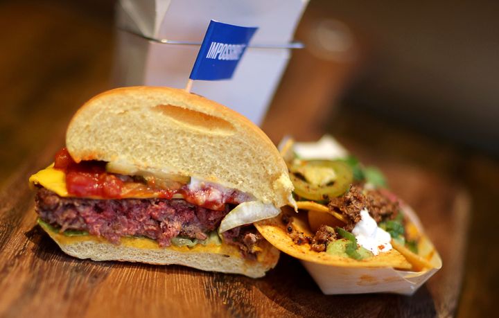 The meatless Impossible Burger, pictured at Little Donkey in Cambridge, Massachusetts.