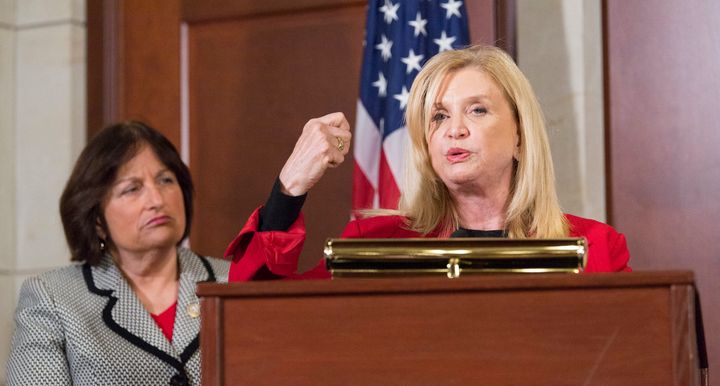 Rep. Carolyn Maloney, flanked by Rep. Annie Kuster, speaks out against workplace cover-ups of sexual misconduct.