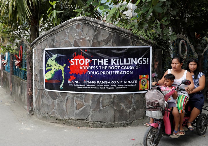 A banner opposing drug related killings along a street in Barangay Bagong Silangan, Quezon City.