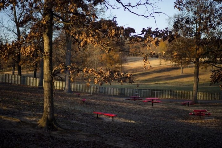 A view of the wooded area behind Westside Middle School in Jonesboro, Ark., where Mitchell Johnson and Andrew Golden shot and killed five people in 1998.