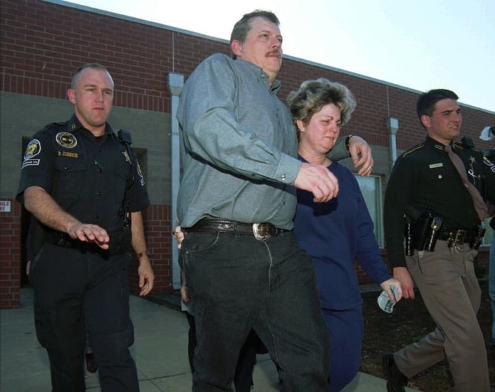 Dennis and Pat Golden, parents of Andrew Golden, leaving the Craighead County Sheriff’s Dept., March 25, 1998.