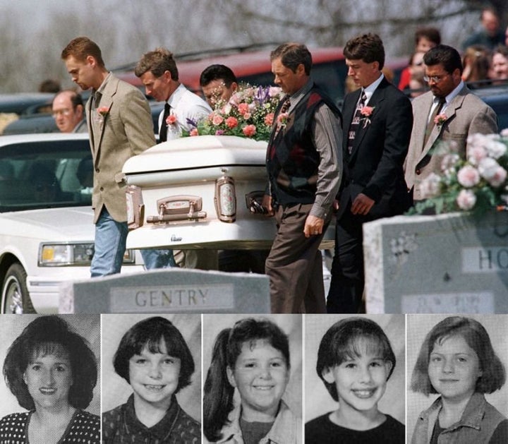 Top, pall bearers carry the casket of Westside Middle School student Paige Ann Herring. Bottom, left to right, the teacher and four children who died in the Jonesboro school shooting: Shannon Wright, Brittany Varner, Paige Ann Herring, Natalie Brooks and Stephanie Johnson.