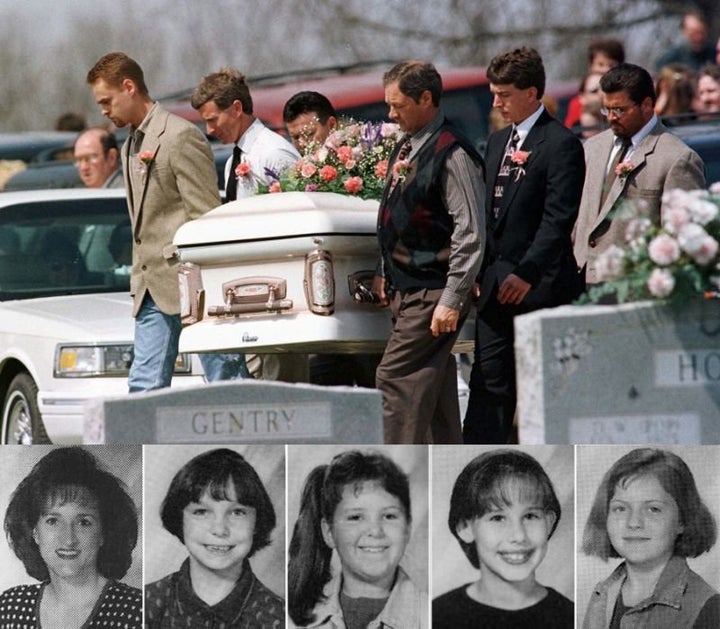 Top, pall bearers carry the casket of Westside Middle School student Paige Ann Herring. Bottom, left to right, the teacher and four children who died in the Jonesboro school shooting: Shannon Wright, Brittany Varner, Paige Ann Herring, Natalie Brooks and Stephanie Johnson. 