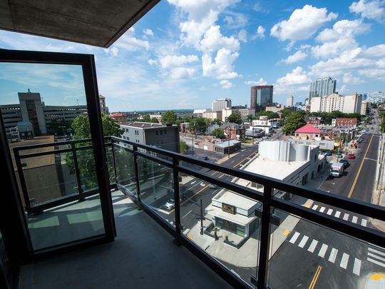 A view from the corner king balcony suite gives you a perfect view of Downtown Nashville