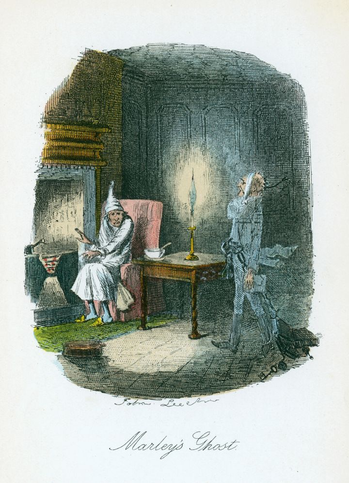 Illustration by John Leech of Scrooge being visited by the ghost of his late business partner, Marley.