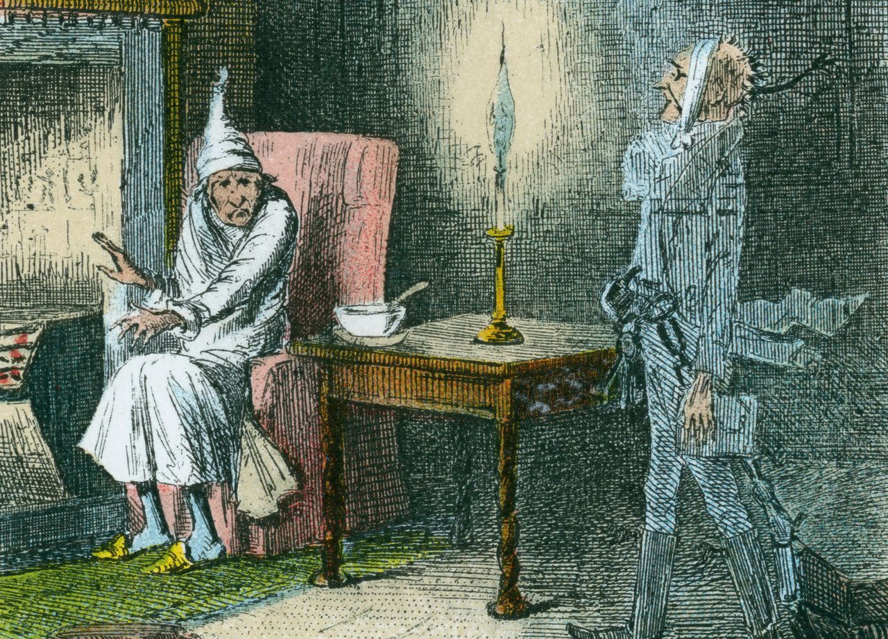 Illustration by John Leech of Scrooge being visited by the ghost of his late business partner, Marley.