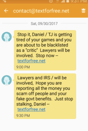 One of many text messages Danielle Solzman got from a blocked number threatening her with legal action.